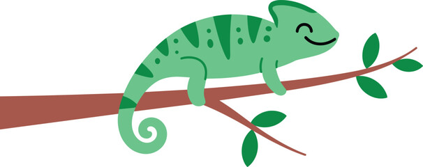 Naklejka premium Cute green cartoon chameleon character smiling and sitting on a brown tree branch with leaves isolated on white background vector illustration