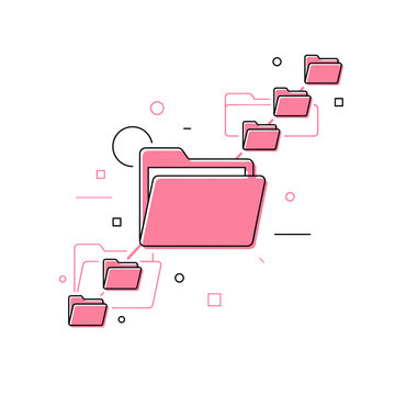 Pink folder set representing file transfer, cloud backup, digital data organization, information management, system storage, streamline workflow