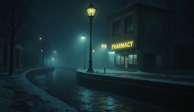 Desolate urban night landscape with street lamp, canal, and pharmacy