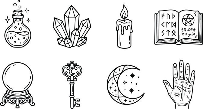 Mystical symbols including crystal ball key moon and runes on white background with clean lines