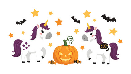 Halloween Unicorns with Pumpkin: Two whimsical unicorns with purple manes and tails flank a grinning jack-o'-lantern, surrounded by twinkling stars and flying bats. © Mahbuba