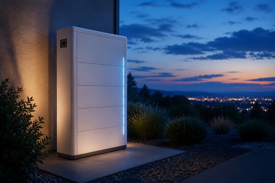 A modern, illuminated home battery storage unit stands on a patio at dusk, overlooking a city skyline.