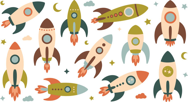 Cute space rocket vector sticker set with various retro spaceships flying in outer space among stars and crescent moons on white background