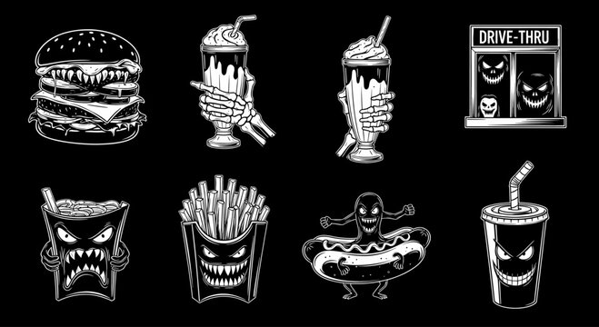 Spooky Halloween Fast Food Icons with Scary Faces.