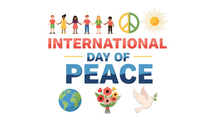 Fototapeta premium International Day of Peace: A graphic illustration celebrating the International Day of Peace, featuring diverse children holding hands, the peace symbol, and icons representing Earth, flowers.