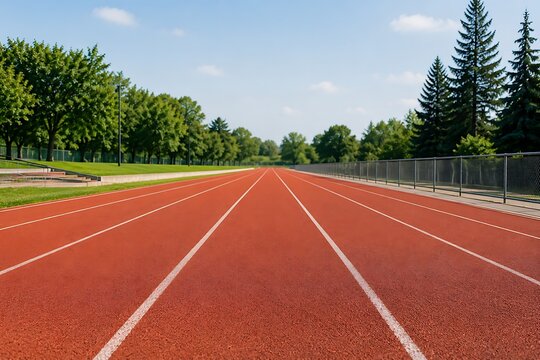 An empty red running track with white lane lines stretches into the distance on a sunny day with green trees and blue sky.