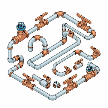 Isometric Vector Illustration of Plumbing Pipe Network Fittings and Gate Valves Set