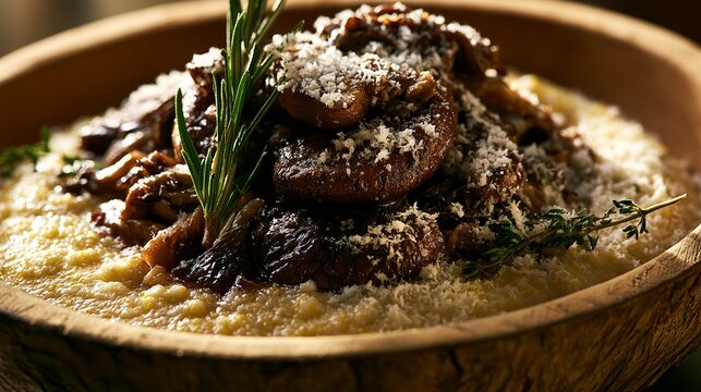 Rustic bowl of creamy polenta topped with roasted mushrooms and herbs, served in a wooden bowl saut?ed mushrooms