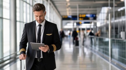 Fototapeta premium Pilot Using Digital Tablet Walking Through Modern Airport Terminal