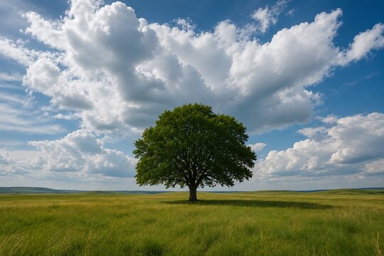 A solitary, lush green tree stands tall in a vast, sun-drenched meadow under a dramatic sky filled with fluffy white clouds.