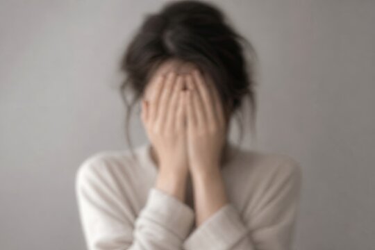 Blurred Portrait of Person Covering Face with Hands, Conveying Shyness or Sadness