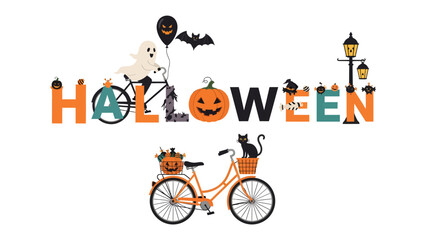 Naklejka premium Halloween Celebration: A whimsical arrangement featuring HALLOWEEN text adorned with playful characters, pumpkins, bats, and a ghost on a bicycle.