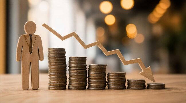 Financial Decline Represented by Person Coins and Down Arrow
