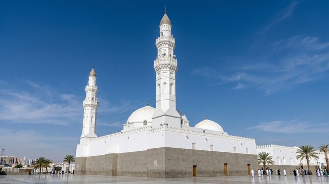 Majestic white Quba mosque featuring towering minarets and expansive domes stands prominently under a clear bright blue sky on a sunny day in the historic city of Medina Saudi Arabia.