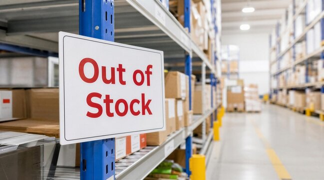Out of Stock Sign in a Modern Warehouse Aisle