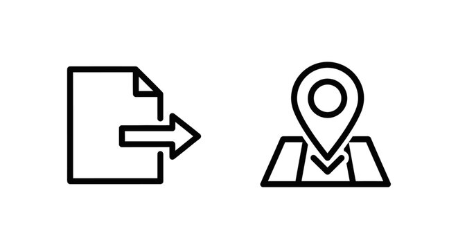 Data export file document and map location download icon set with document location download navigation transfer information interface pointing geography position connectivity