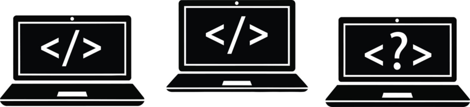 Black and white vector graphic illustration showing three laptops with programming code symbols on screens