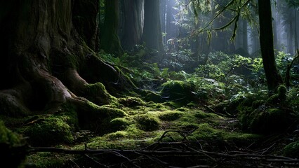 Fototapeta premium Enchanted Mossy Forest with Ancient Trees and Mystical Fog in Old Growth Woodland