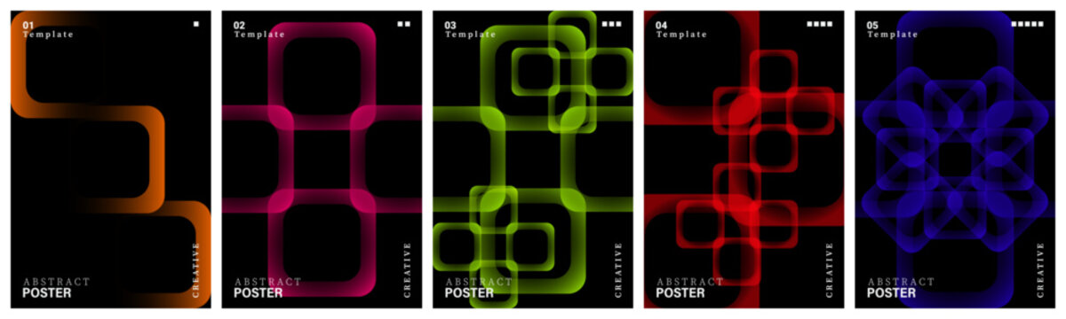 Neon Geometric-Poster Template Collection Featuring Glowing Rounded Square Shapes, Futuristic Abstract Layouts, Vibrant Gradient Effects, and Modern Editorial Design Set