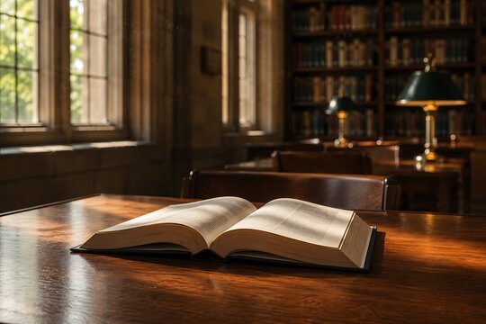 An open book rests on a polished wooden table in a sunlit library, with bookshelves and lamps in the background.