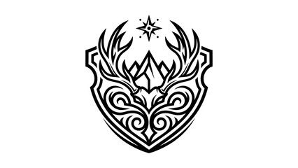 Fototapeta premium Deer antler shield vector emblem with mountain peaks and compass star for outdoor adventure logo design