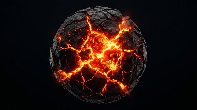 Glowing lava planet sphere with cracked dark rocky surface texture and intense bright orange fire erupting from deep within a isolated black background digital illustration