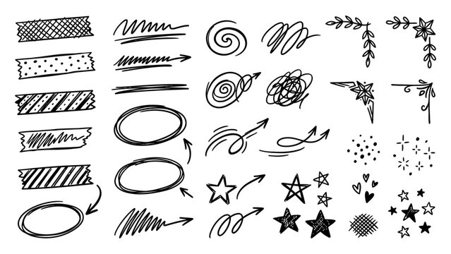 Hand drawn doodle element vector set with arrows stars circles hearts washi tape and corner borders for bullet journal design