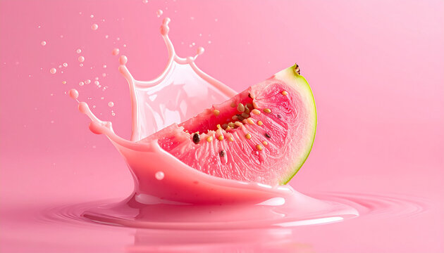 Abstrakte Studio-Makroaufnahme einer frischen rosa Guavescheibe, die in cremigen zarten korallenrosa Guaven-Smoothie eintaucht, flie&szlig;ende Welle, monochrome rosafarbene Farbpalette