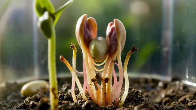Plant Anatomy Seed Germination Process in Soil Close Up. Close-up view of a seed germination process in soil, showcasing plant anatomy with a sprouting seedling and another seed in the background.