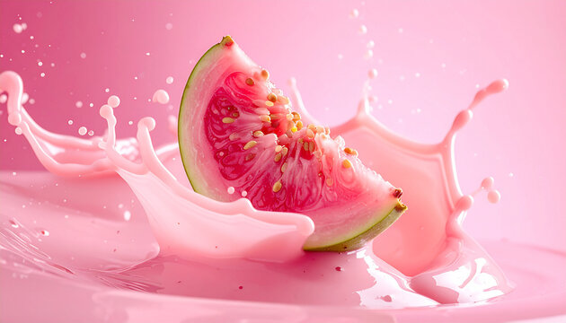 Abstrakte Studio-Makroaufnahme einer frischen rosa Guavescheibe, die in cremigen zarten korallenrosa Guaven-Smoothie eintaucht, flie&szlig;ende Welle, monochrome rosafarbene Farbpalette