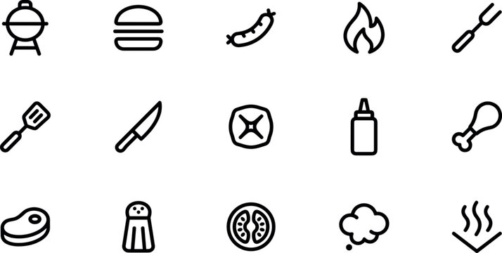 Vector cute cartoon icon set with colorful shapes featuring summer barbecue picnic elements including gas grill burger charcoal and ribs