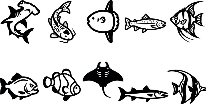 Vector linocut style fish illustration set featuring black silhouette marine creatures including hammerhead shark stingray koi clownfish piranha and sunfish