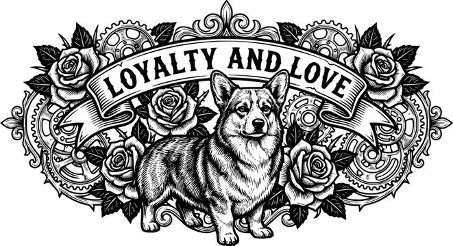 corgi illustration, loyalty and love, steampunk dog, rose and gear design, black and white corgi, vintage banner dog, floral mechanical dog, loyal dog art, hand drawn outline engraving vector illustra