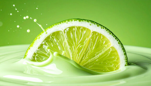 Abstrakte Studio-Makroaufnahme einer frischen gr&uuml;nen Yuzuscheibe, die in cremigen limonengr&uuml;nen Matcha-Yuzu-Joghurt eintaucht, flie&szlig;ende Welle, monochrome kr&auml;ftig gr&uuml;ne Farbpalette