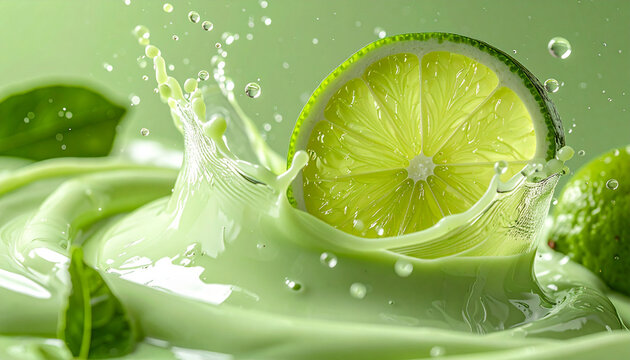 Abstrakte Studio-Makroaufnahme einer frischen gr&uuml;nen Yuzuscheibe, die in cremigen limonengr&uuml;nen Matcha-Yuzu-Joghurt eintaucht, flie&szlig;ende Welle, monochrome kr&auml;ftig gr&uuml;ne Farbpalette