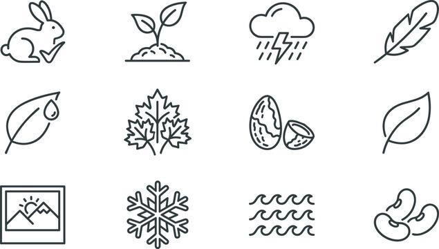 Vector linear icon set featuring eco friendly nature and organic cosmetic symbols including cruelty free rabbit sprout leaf snowflake waves and plant