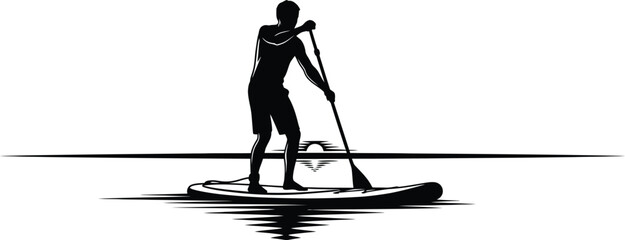 Person standing on a paddle board rowing on calm water with paddleboard silhouette recreation exercise outdoors lifestyle balancing watercraft paddling © SAMIRAAKTHER