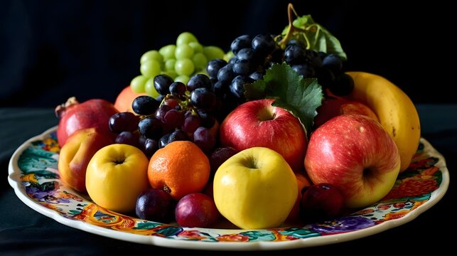 A vibrant and organic fruit platter is beautifully arranged with colorful motifs creating a dramatic and playful visual contrast