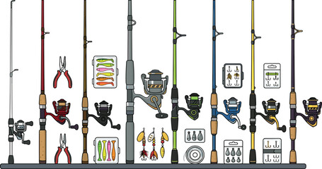 Fishing Rod and Tackle Equipment Collection with Spinning Reels, Lures, Hooks and Angling Accessories Vector Illustration Set © MstSuborna