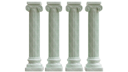 Naklejka premium Four pale green marble Ionic columns stand with fluted shafts and carved capitals, isolated on white transparent