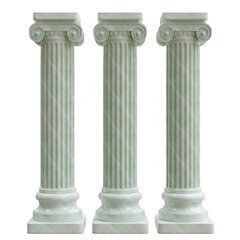 Naklejka premium Three pale green marble Ionic columns with fluted shafts and volute capitals stand isolated on white transparent