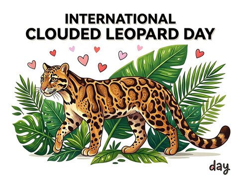 Cute illustration of a clouded leopard surrounded by green foliage and hearts for special celebration day