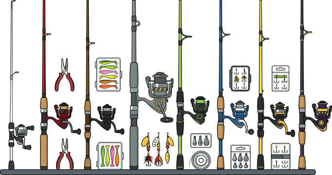 Fishing Rod and Tackle Equipment Collection with Spinning Reels, Lures, Hooks and Angling Accessories Vector Illustration Set