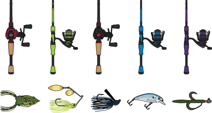 Bass Fishing Rod and Lure Collection with Spinning Reels, Crankbait, Frog and Jig Baits for Angling Vector Set