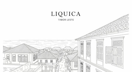 Obraz premium A lineart drawing of a coastal town in Liquica Timor Leste featuring traditional tiled roofs and buildings
