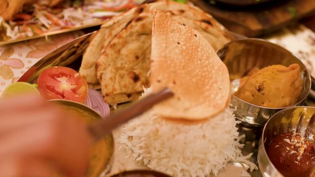 Traditional Indian Thali Platter with Rice Curry and Papadum