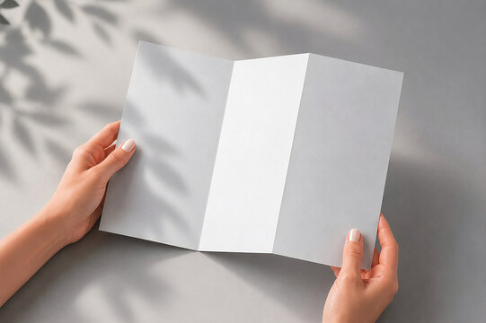 Hands holding blank tri-fold brochure mockup with aesthetic leaf shadows