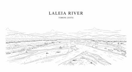 Fototapeta premium A lineart illustration of the Laleia River in Timor Leste featuring a braided riverbed plains and mountains