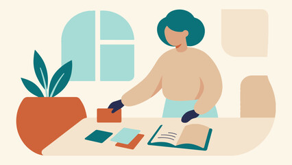 Fototapeta premium Flat vector illustration of a creative woman organizing professional design materials on a modern desk