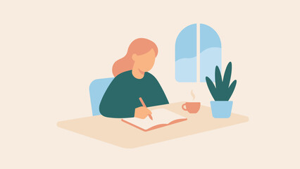 Fototapeta premium Minimalist vector illustration of a woman writing in her journal while sitting at a desk